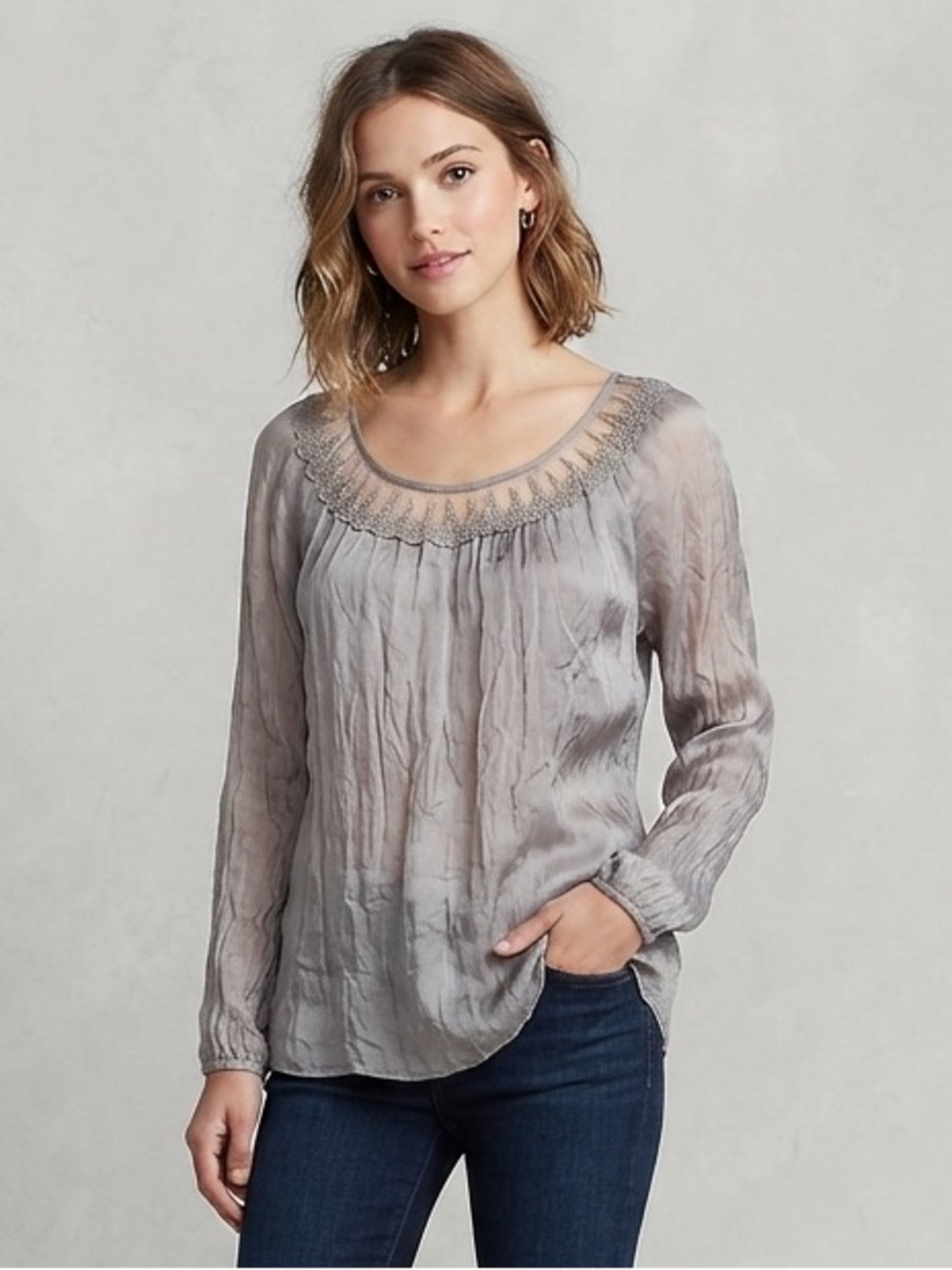 Carla Conti Italian 100% Silk Gray Blouse w/ Lace Trim - M
